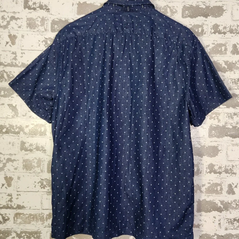 Banana Republic Mens Shirt Size L Button Up Navy Dot Print Short Sleeve Slim Fit